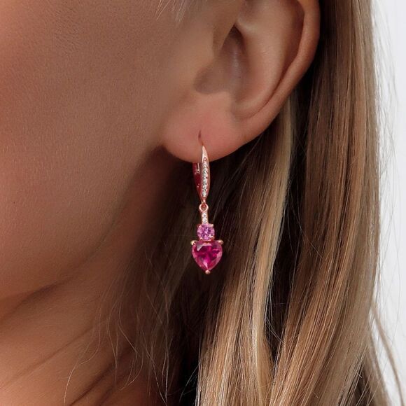 18K Rose Gold with 3.29 Cttw Ruby and Pink Moissanite Heart Drop Earrings main image 1